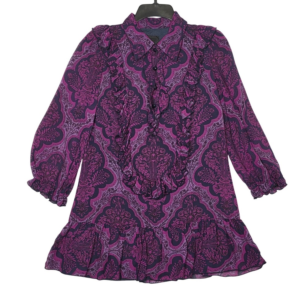 Anna Sui Silk Ruffle Blouse Purple Paisley Long Sleeve Women Size 0 USA Button